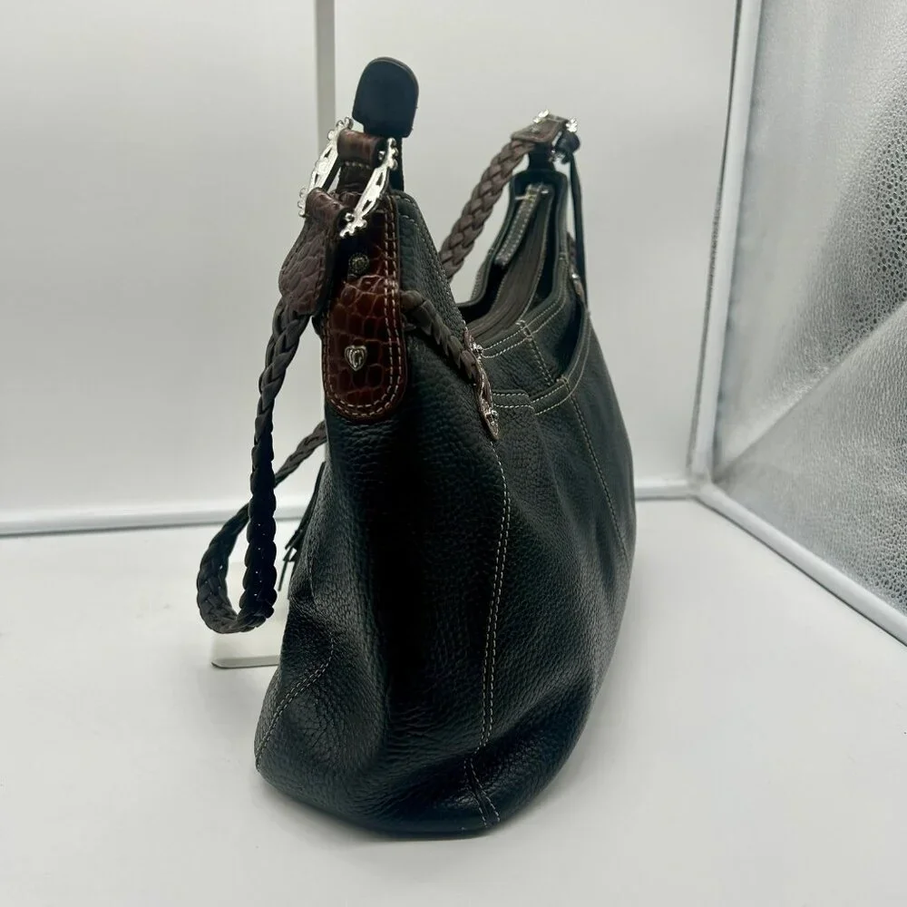 Brighton Leather Woven Tassel Shoulder Bag Black Brown Rectangle Pockets Zipper‎